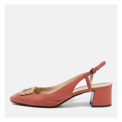 Bottega Veneta Coral Pink Leather Block Heel Slingback Pumps Size