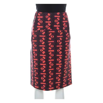 Marni Red Geometric Print Wool Pencil Midi Skirt