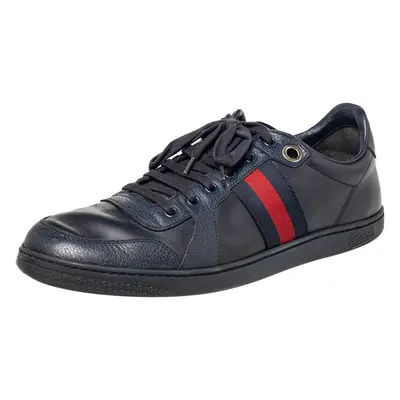 Gucci Navy Blue Leather And Canvas Web Low Top Sneakers Size