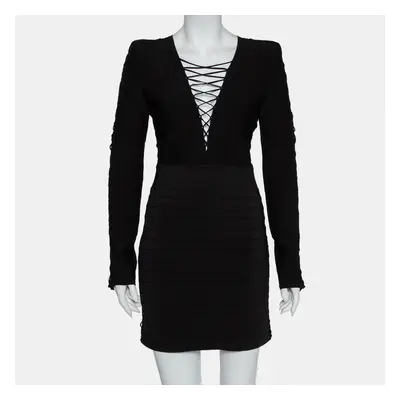 Balmain Black Knit Lace Up Detail Mini Dress