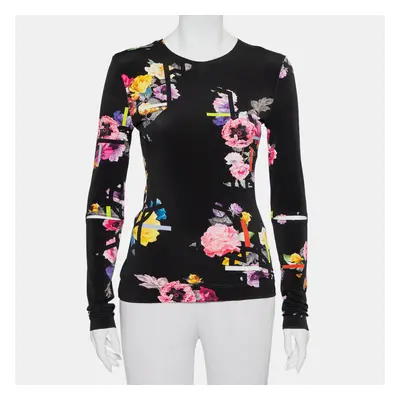 Preen by Thornton Bregazzi Black Floral Printed Jersey Cutout Sleeve Detail Top