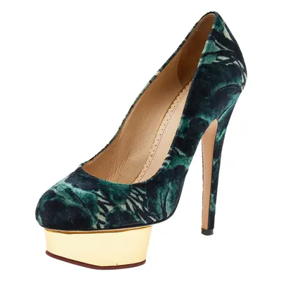 Charlotte Olympia Green Printed Velvet Dolly Platform Pumps Size