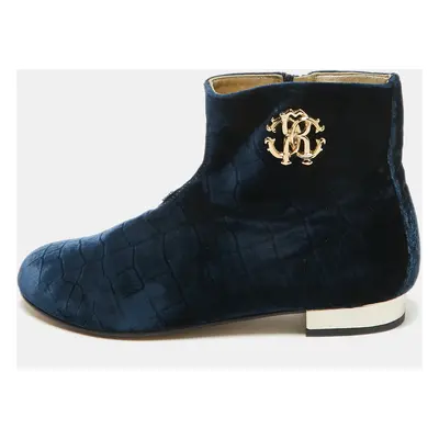 Roberto Cavalli Navy Blue Embossed Croc Velvet Ankle Boots Size