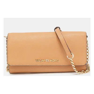 Michael Kors Beige Leather Jet Set Travel Wallet On Chain