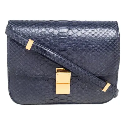 Celine Navy Blue Python Medium Classic Box Shoulder Bag