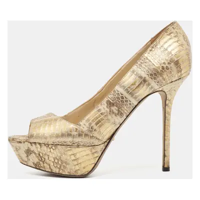 Sergio Rossi Beige/Gold Water Snake Embossed Leather Peep Toe Pumps Size 38.5