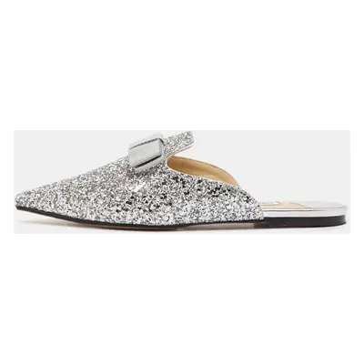 Jimmy Choo Silver Glitter Bow Flat Mules Size 38.5