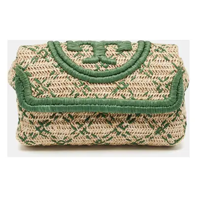 Tory Burch Green/Natural Woven Raffia Fleming Clutch