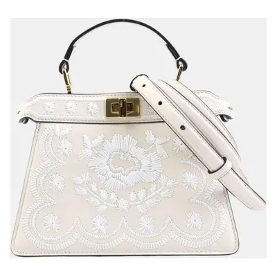 Fendi Light Beige/White Leather Floral Embroidery Peekaboo Crossbody Bag