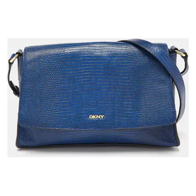 DKNY Blue Croc Embossed Leather Bryant Flap Crossbody Bag