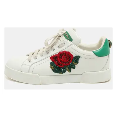 Dolce & Gabbana White/Green Leather Portofino Embellished Low Top Sneakers Size 37.5