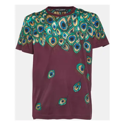 Dolce & Gabbana Burgundy Peacock Feather Print Cotton T-Shirt