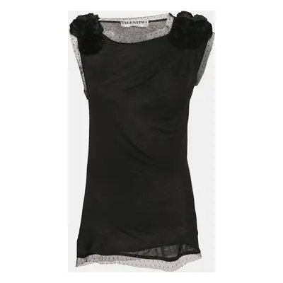 Valentino T-Shirt Couture Black Floral Applique Tulle Trim Jersey Sleeveless T-Shirt