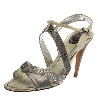 René Caovilla Silver/Grey Embellished Satin And Glitter Nubuck Leather Ankle Strap Sandals Size 