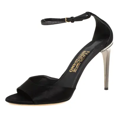 Salvatore Ferragamo Black Satin Embellished Heel Ankle Strap Sandals Size