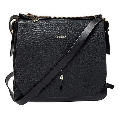 Furla Black Leather and Suede Messenger Bag