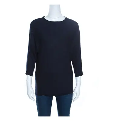 CH Carolina Herrera Navy Blue Knit Gold Button Detail Dolman Sleeve Top