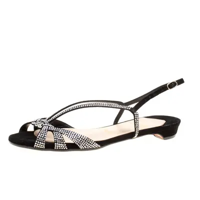 Christian Louboutin Black Crystal Embellished Suede Slingback Flat Sandals Size 36.5