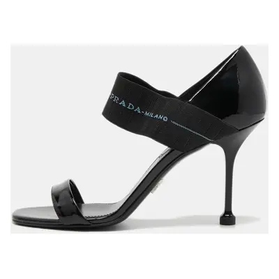 Prada Black Patent Leather and Logo Elastic Ankle Strap Sandals Size