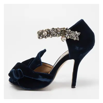 N°21 Navy Blue Velvet Crystal Embellished Ankle Strap Sandals Size