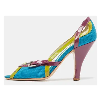 Prada Tricolor Canvas and Patent Leather Peep Toe Pumps Size