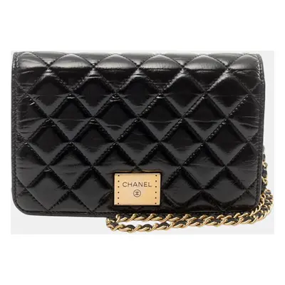 Chanel Black Quilted Calfskin Logo Plate Wallet On Chain