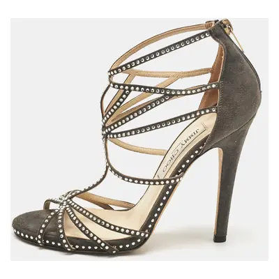 Jimmy Choo Grey Suede Crystal Embellished Strappy Sandals Size 38.5