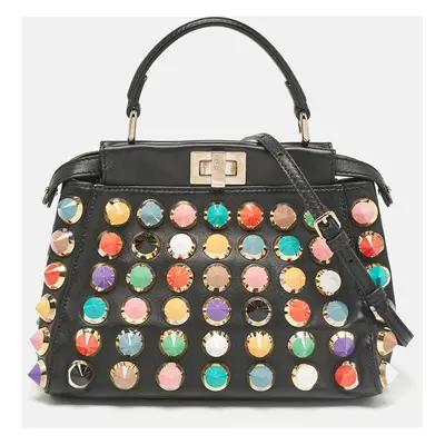 Fendi Black Leather Multicolor Studs Mini Peekaboo Top Handle Bag