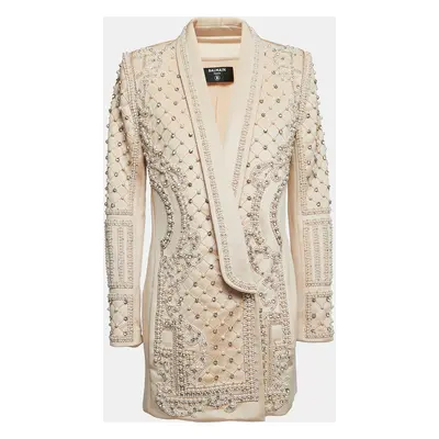 Balmain Beige Crystals & Pearls Embellished Shawl Lapel Blazer