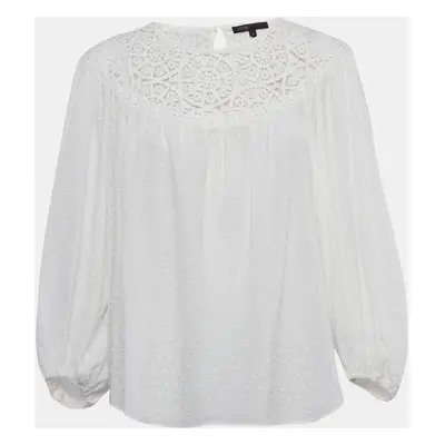 Maje White Textured Cotton Crochet Yoke Detail Blouse