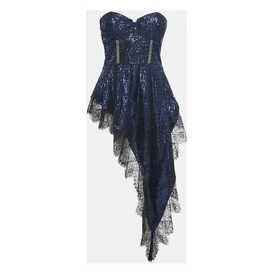 Self-Portrait Blue/Black Crepe Sequin Lace Trim Top