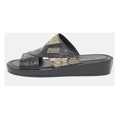 Dolce & Gabbana Black/Green Crocodile and Python Leather Criss Cross Flat Slides Size