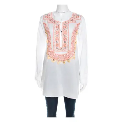 Roberto Cavalli White Cotton Beaded Embroidered Detail Long Sleeve Blouse