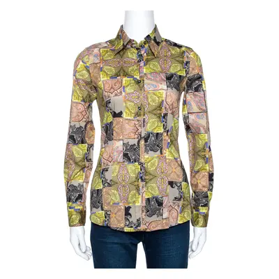 Etro Green Paisley Patch Print Stretch Cotton Shirt