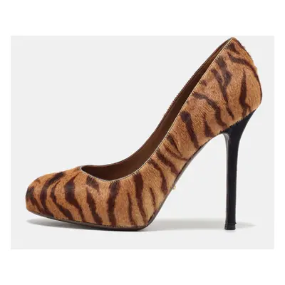 Sergio Rossi Brown Tiger Stripes Print Calf Hair Platform Pumps Size 36.5