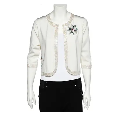 Versace Jeans Couture White Silk Knit Sequin Embellished Open Front Shrug