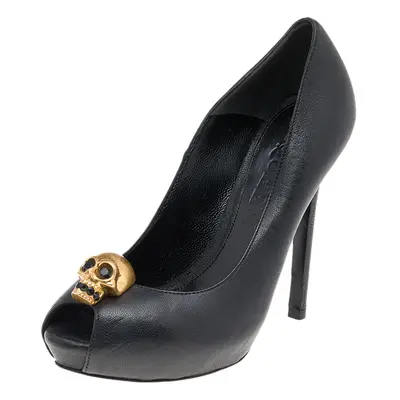 Alexander McQueen Black Leather Crystal Embellished Skull Peep Toe Pumps Size