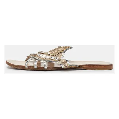 Miu Miu Silver Leather Crystal Embellished Flat Slides Size 37.5