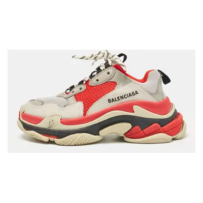 Balenciaga Grey/Red Faux Leather and Mesh Triple Sneakers Size