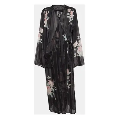 Alessandra Rich Black Floral Print Lurex Silk Maxi Wrap Dress