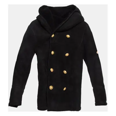 Balmain Black Wool Hooded Double Breast Shearling Coat 10A