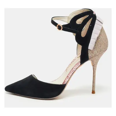 Sophia Webster Black/Metallic Suede and Glitter D'orsay Ankle Strap Pumps Size