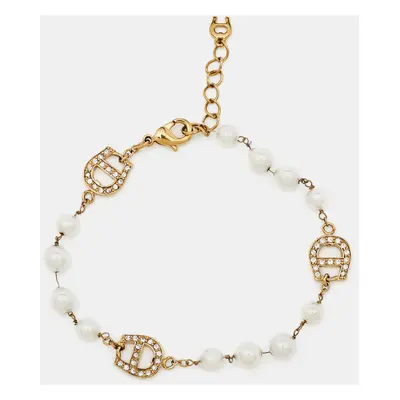 Aigner Gold Tone Crystal Logo Faux Pearl Station Bracelet