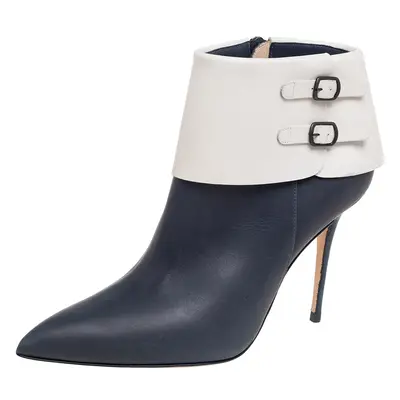 Manolo Blahnik Blue/White Leather Buckle Pointed Toe Ankle Boots Size