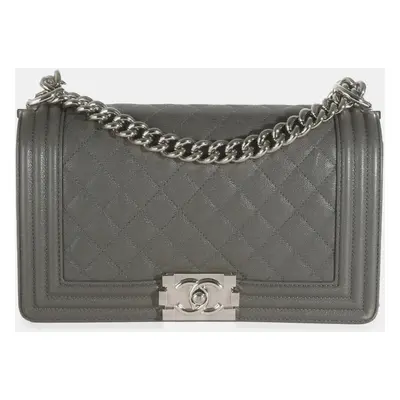 Chanel Grey Quilted Caviar Medium Boy Bag