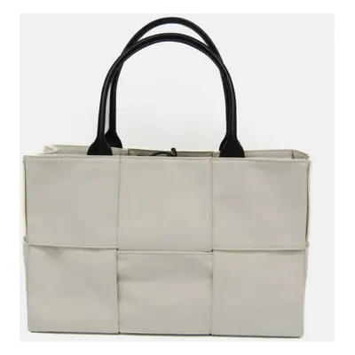 Bottega Off-White/Black Canvas and Leather Veneta Medium Arco Tote Bag