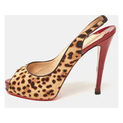 Christian Louboutin Beige/Brown Leopard Print Calf Hair No Prive Slingback Pumps Size