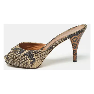 Fendi Black/Beige Embossed Snakeskin Slide Sandals Size