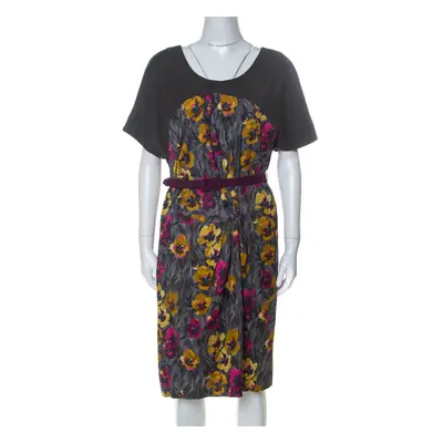 Kenzo Grey Floral Brushstroke Print Stretch Cotton Belted Dress