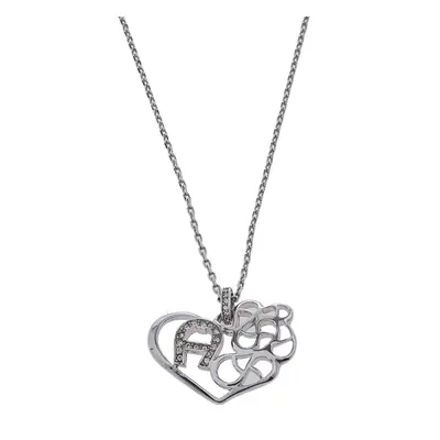 Aigner Silver Tone Crystal Logo Heart Pendant Necklace